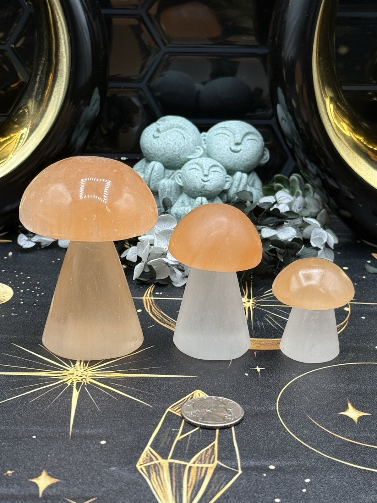 Natural Selenite Peach ( Satin Spar) Mushroom set Free ship & Gift
