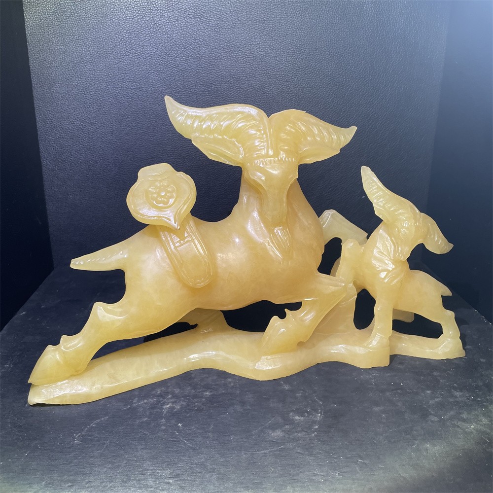 5.2LB 11.8″A+Unique Yellow Jade Mother Child Goat Statue Crystal Carved Decor
