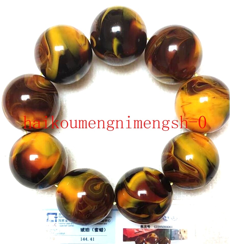 30mm Natural Multicolor Amber Beeswax Round Beads Stretch Bracelet 8″