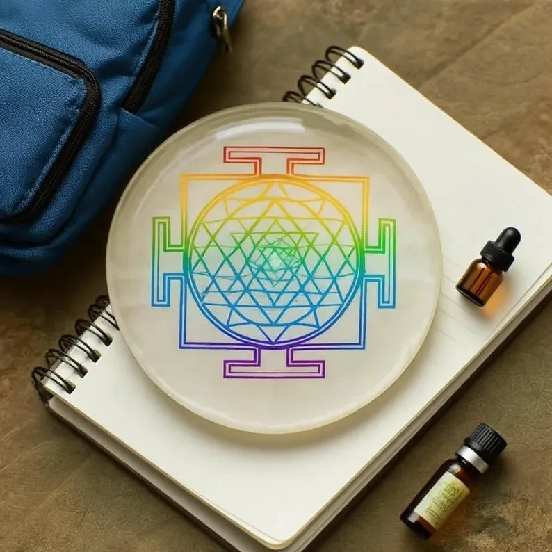 Rainbow Sri Yantra Resin Disc 2” | Sacred Geometry Plate | Chakra Alignment