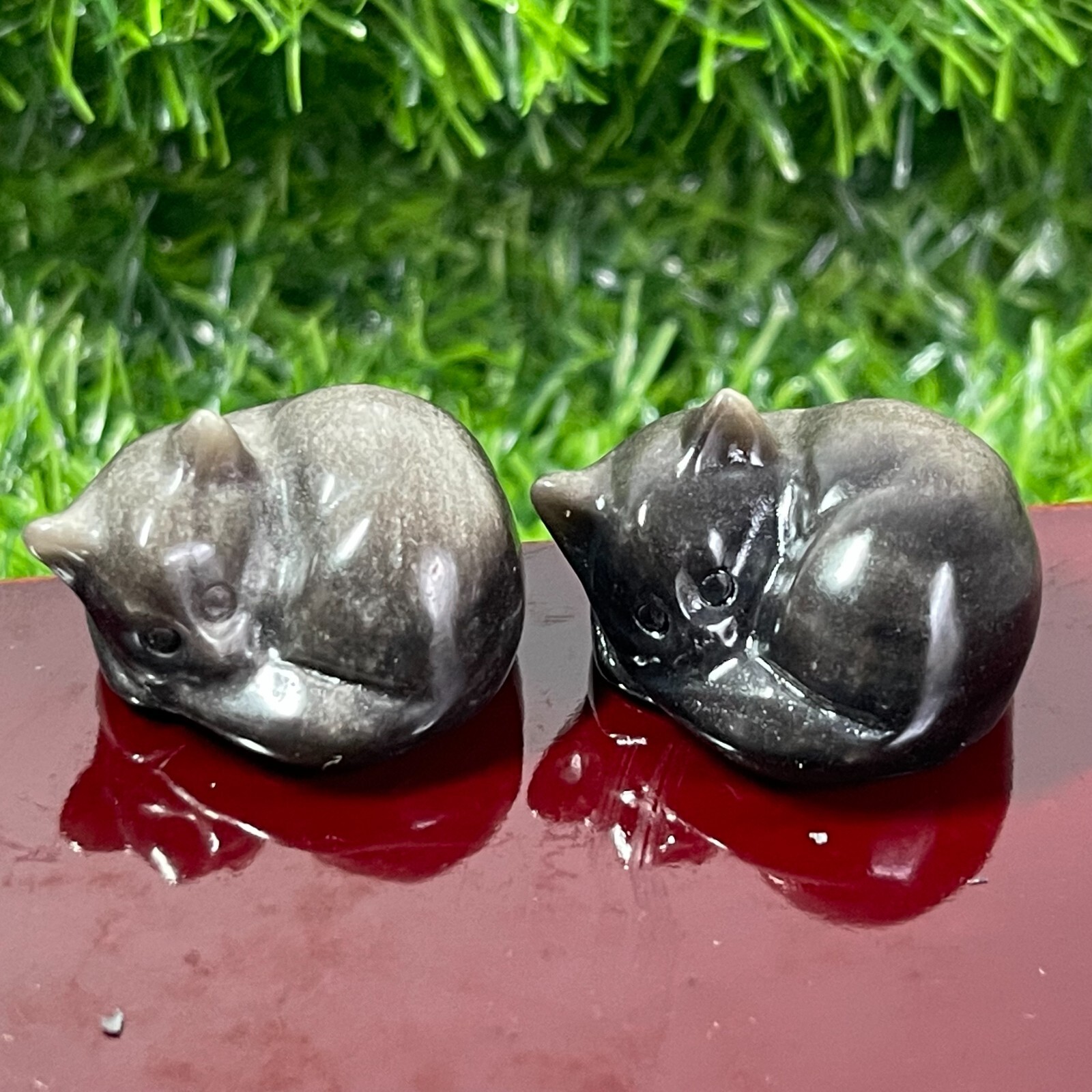 2pc Natural silver obsidian Quartz hand Carved Crystal sleeping cat Healing 1.2″