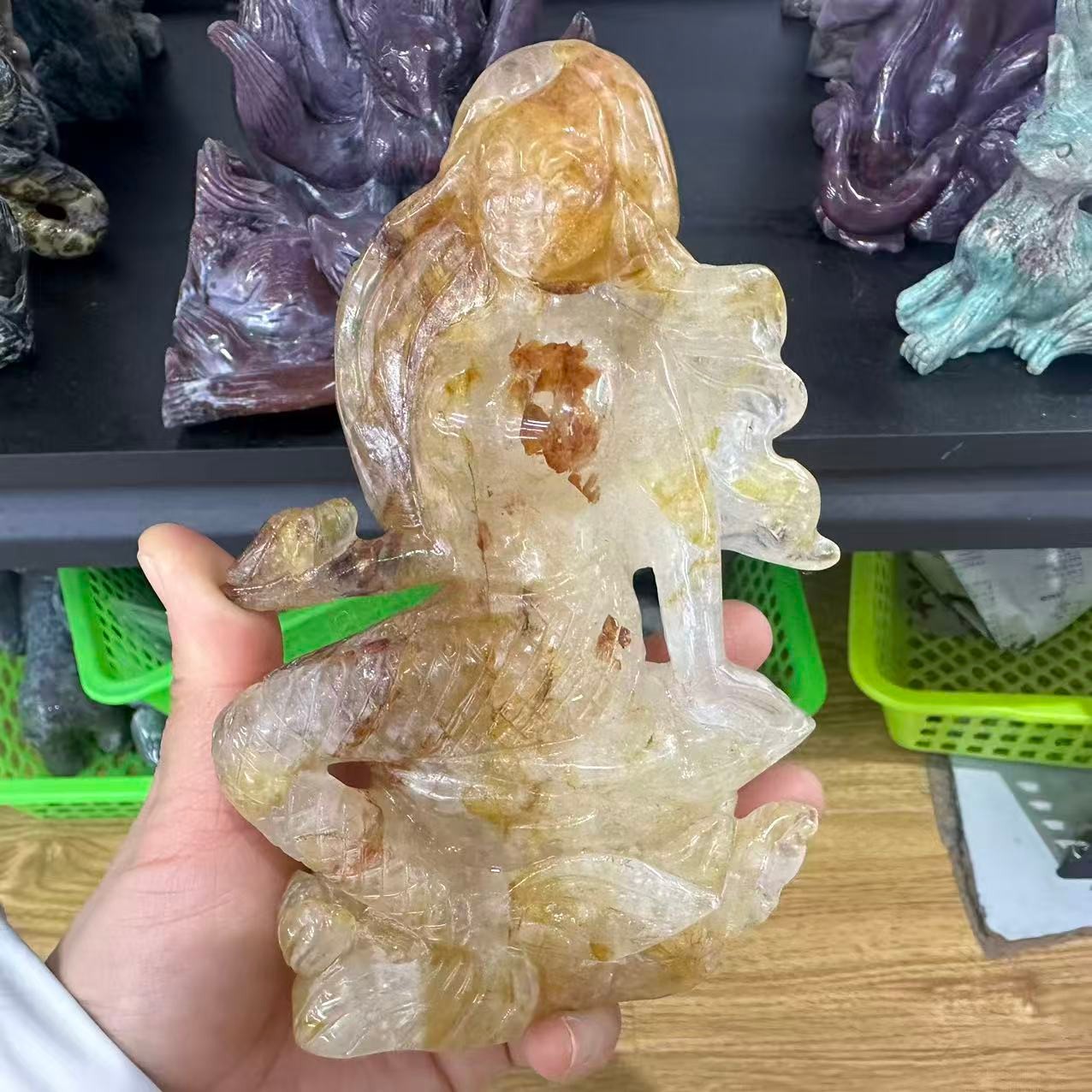 585g Natural Red gum flower Quartz Carved Mermaid Skull Reiki Decor