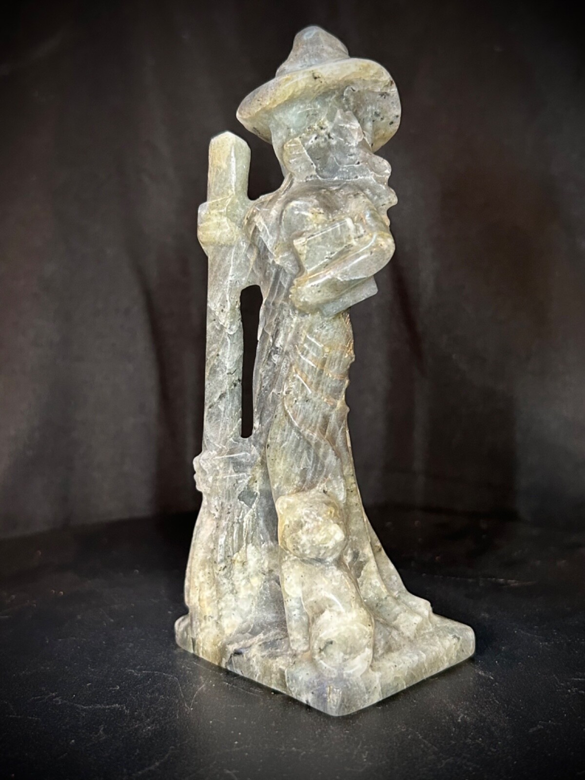 6″ Low Flash Gray Labradorite Witch, Broom, And Cat Carving 11.4oz