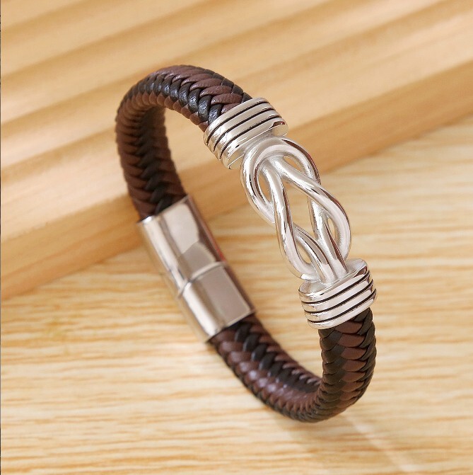 Men’s Leather Braided Silver Bracelet Wristband Stainless Steel Wrist Bangle