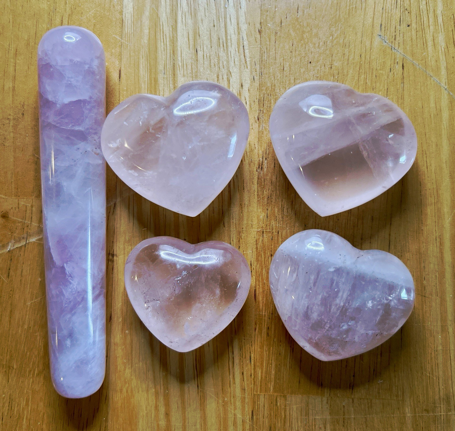 Rose Quartz Polished Pink Heart Crystal Stones and Matching Wand/Stick Set