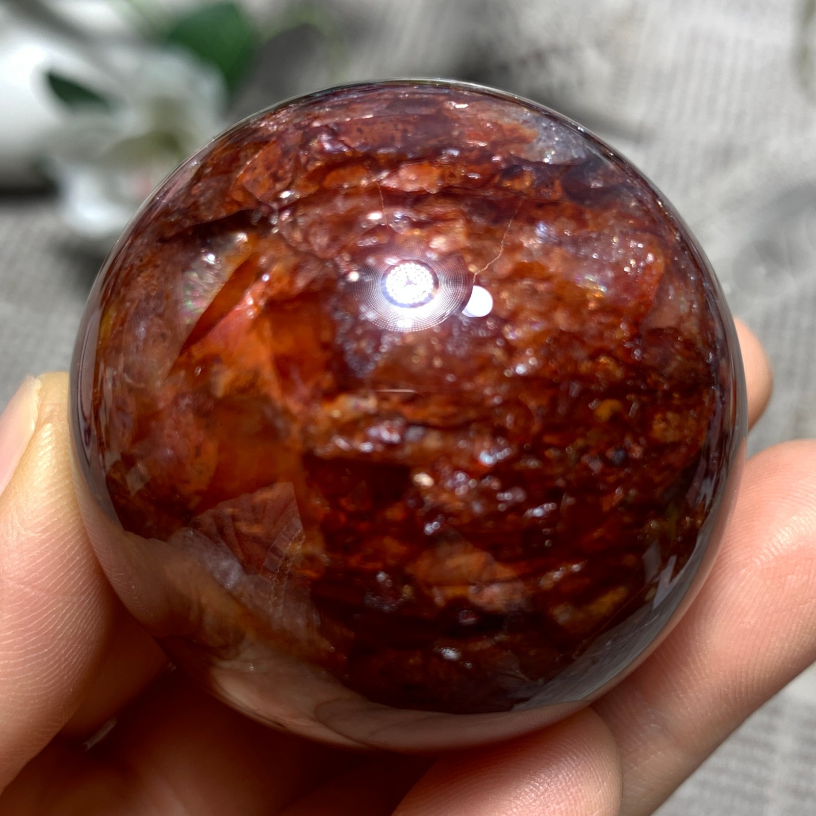 153G Natural Red Gum Flower Ball Crystal Sphere Specimen Energy Healing Reiki