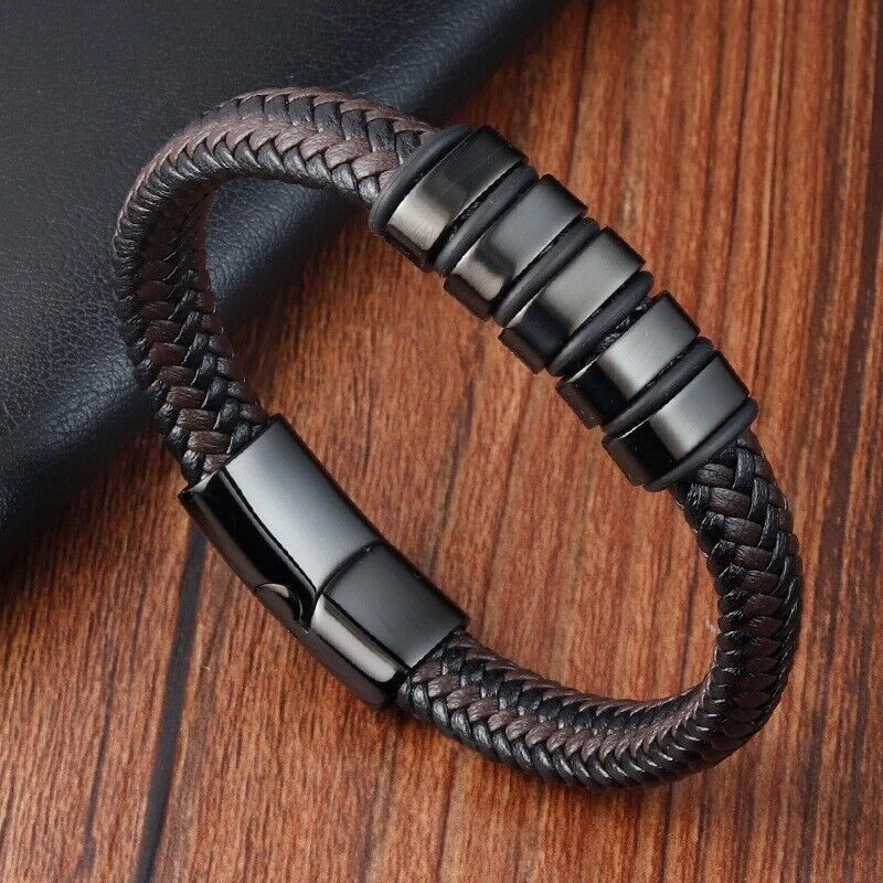Men’s Leather Braided Bracelet Bangle Titanium Steel Magnetic Clasp Gift