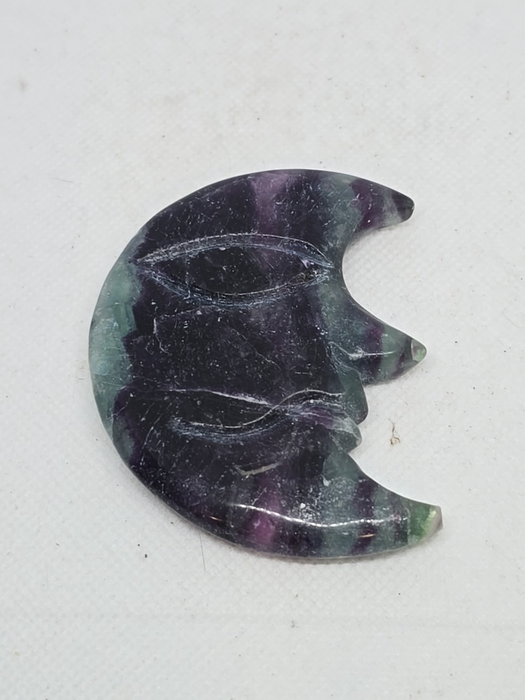 Rainbow Fluorite Hand Carved Moon With Face Polished Double Sided