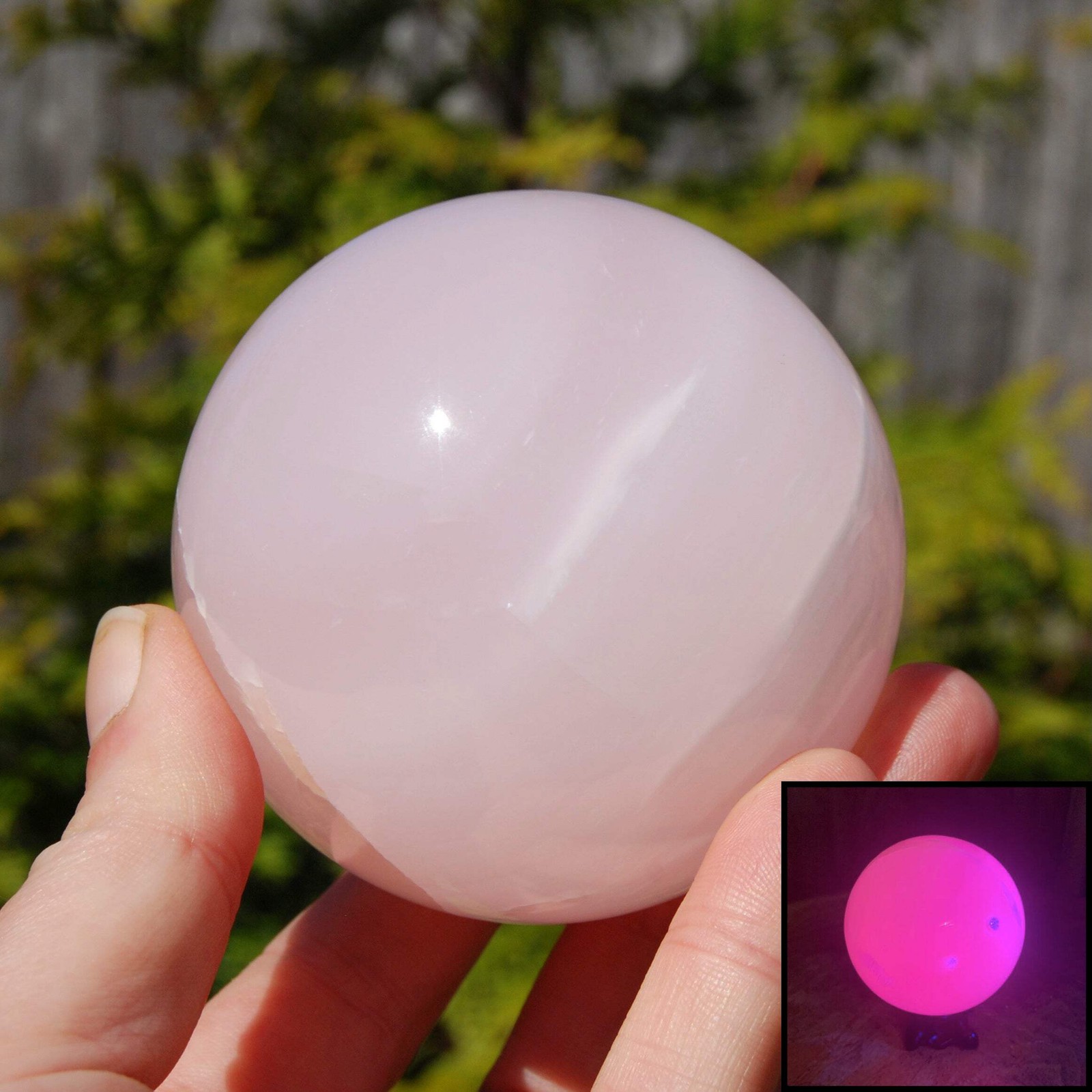 XL 3in Pink Mangano Calcite Crystal Sphere, Reiki Stone, Fluorescent UV Reactive
