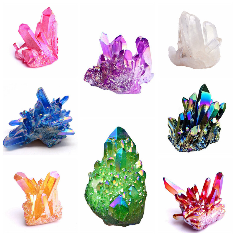 Natural Quartz Crystal Cluster Aura Rainbow Titanium Rock Stone Specimens Reiki