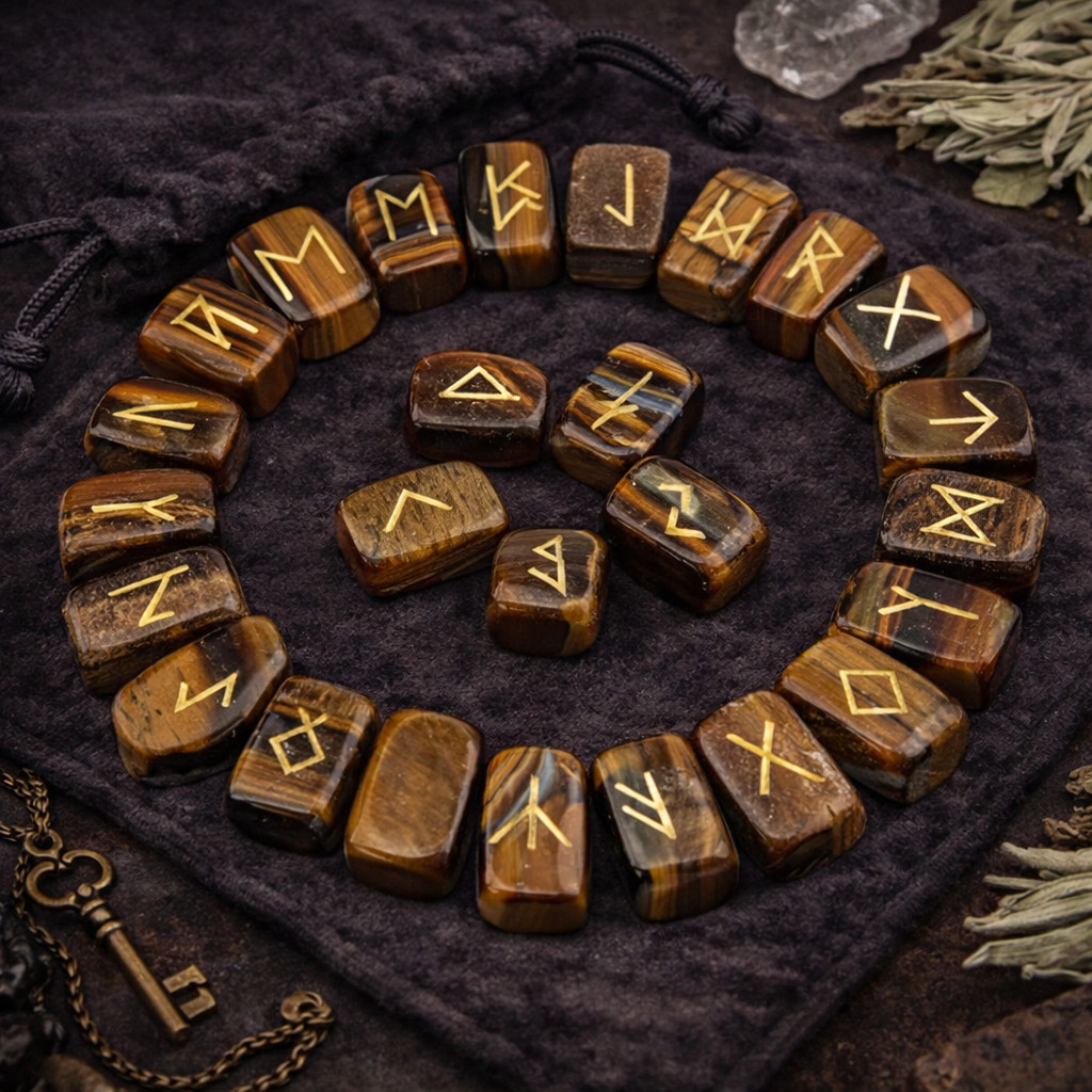 Tiger’s Eye Rune Stones Set – 25 Engraved Gemstone Runes Natural Crystal