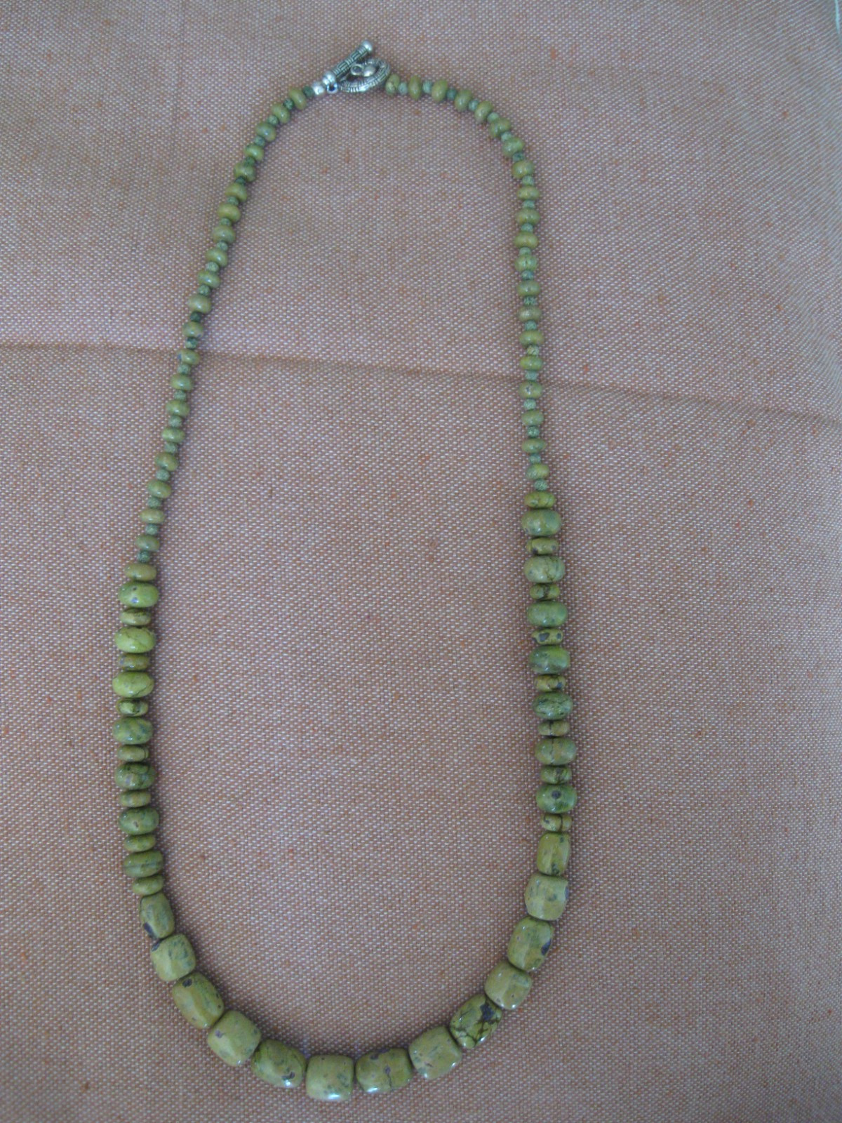 Vintage Russian Serpentine Variable Bead Sizes Beaded Necklace/Silver Clasp 31″