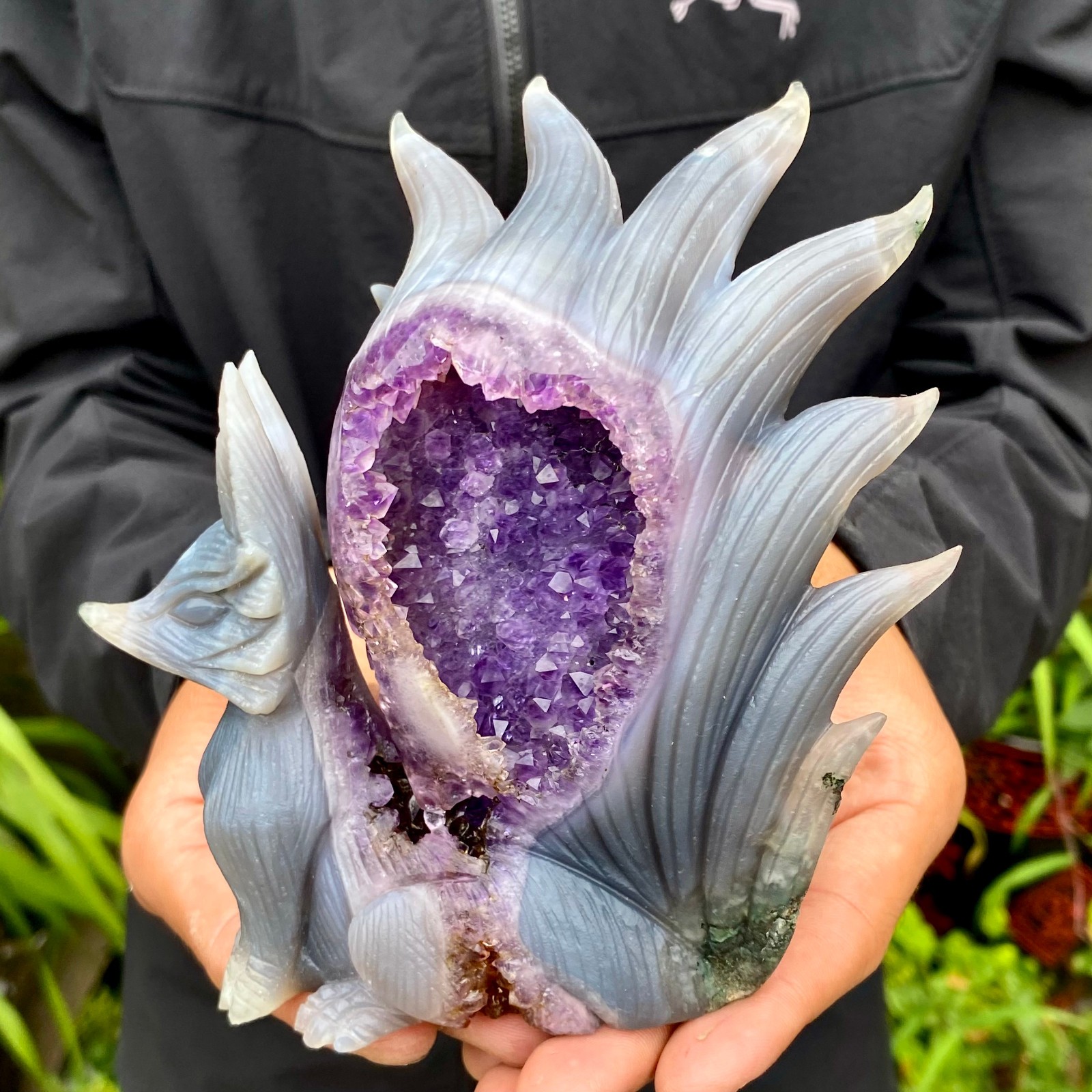 1.49LB Natural Agate Geode Hand Carved Nine-tailed Fox Quartz Crystal Decor