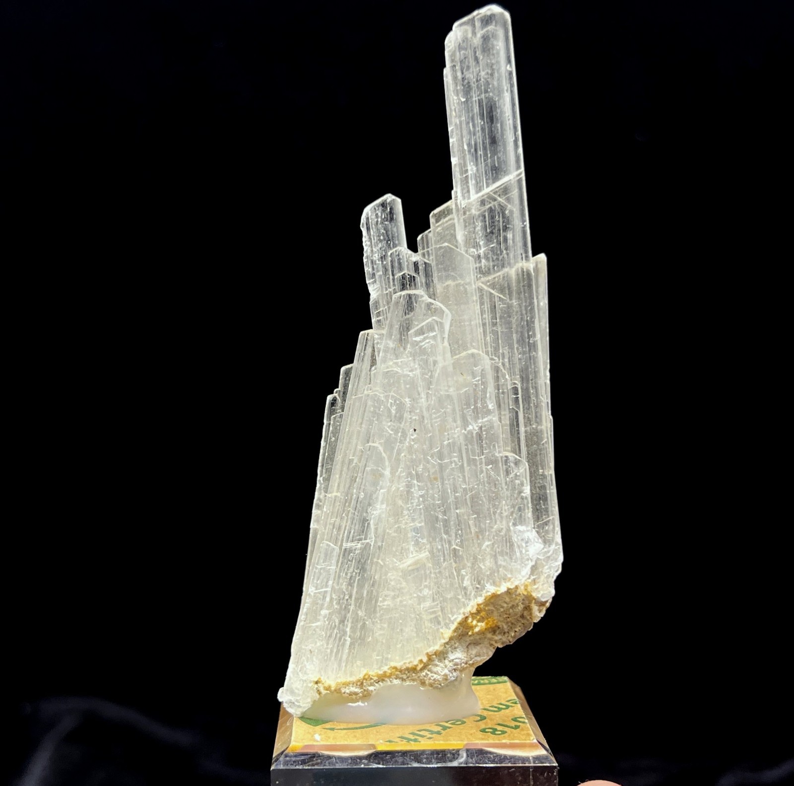 100mm Clear Selenite cluster mounted on acrylic base, Natural Mineral Specimen
