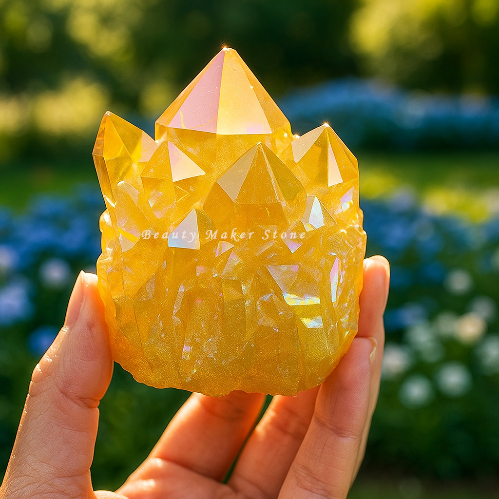 80-100g Aura Citrine Titanium Rainbow Crystal Cluster Geode Slice Home Decor