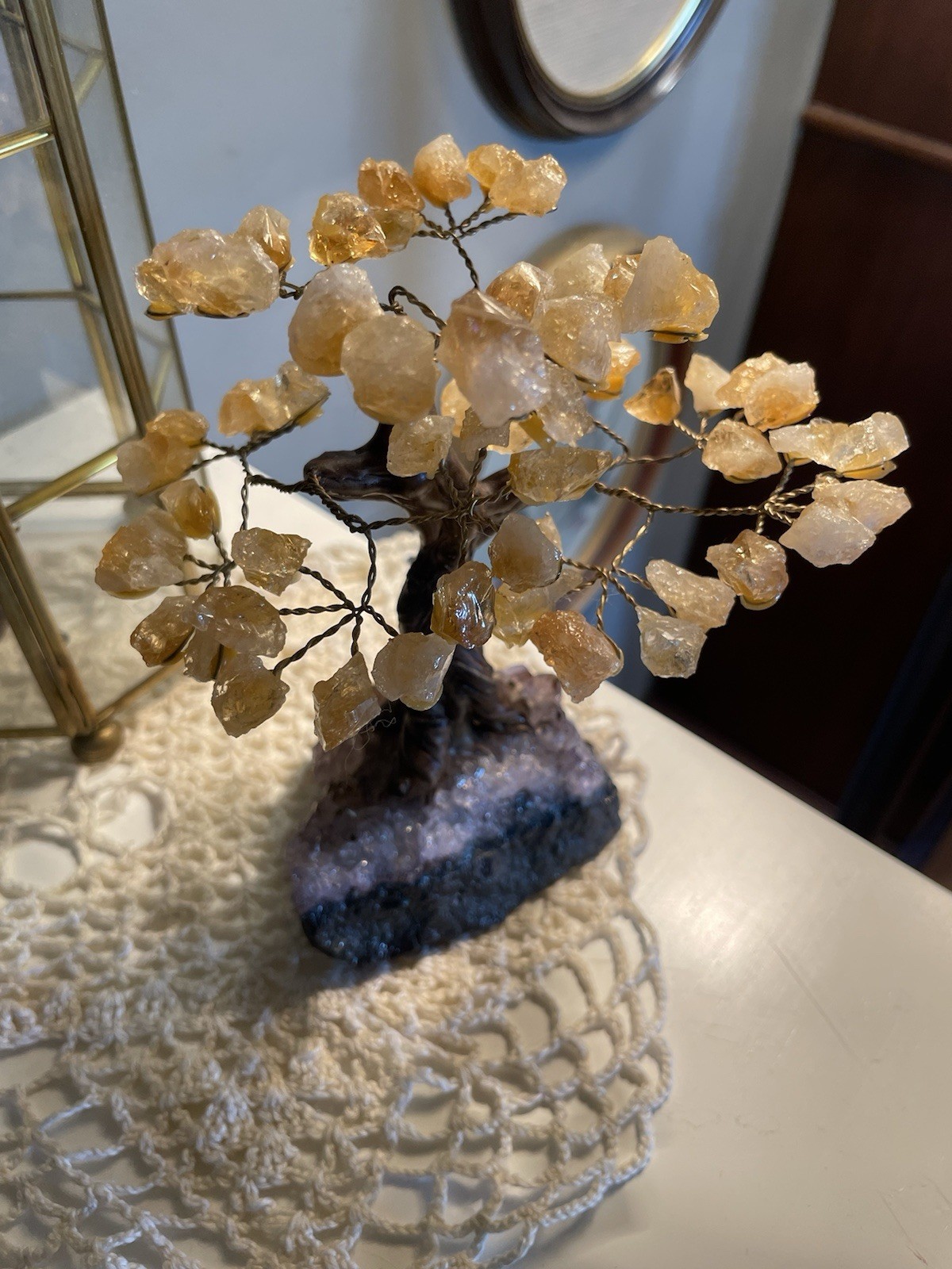 Citrine Gemstone Money Tree with Natural Amethyst Cluster Base Feng Shui Bonsai