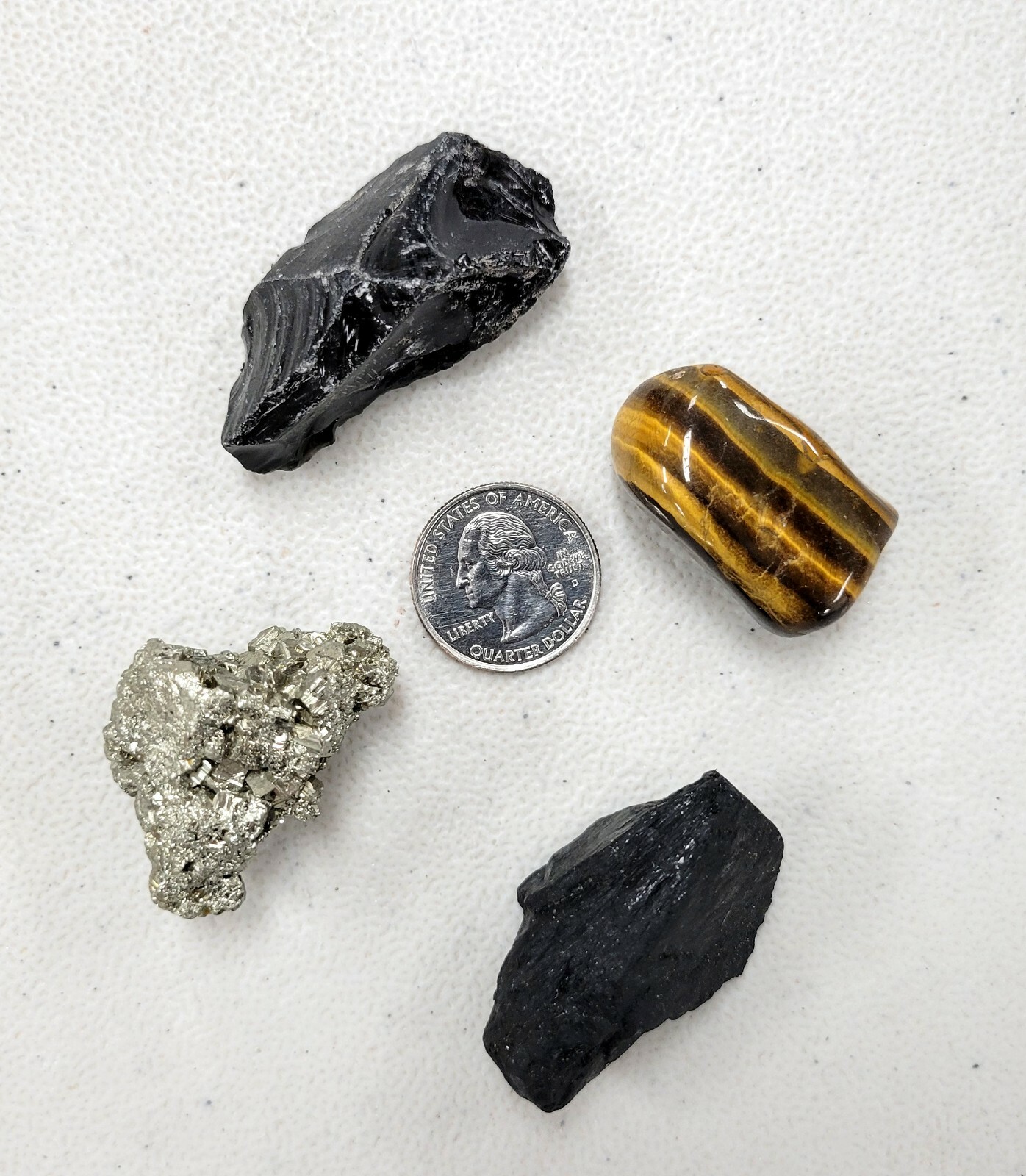Crystals for Protection Set, Black Tourmaline Pyrite Tigers Eye Black Obsidian