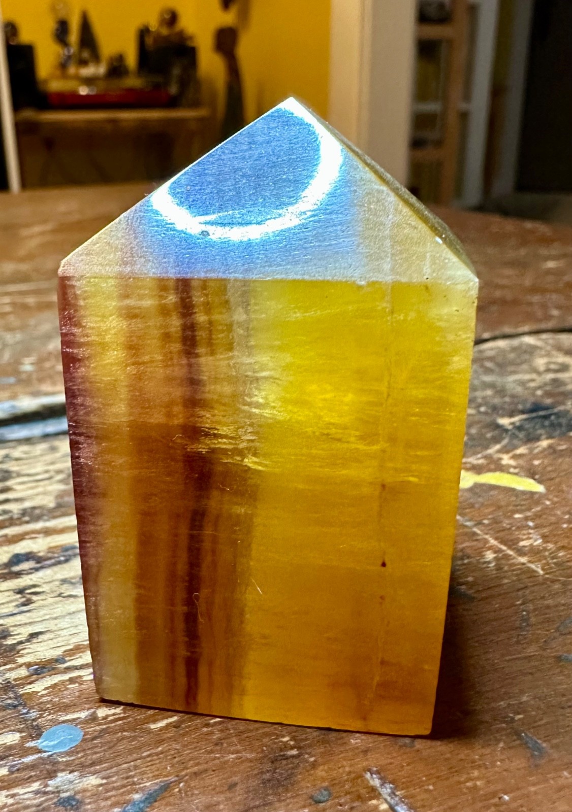 Yellow rainbow fluorite crystal tower point carving Free shipping