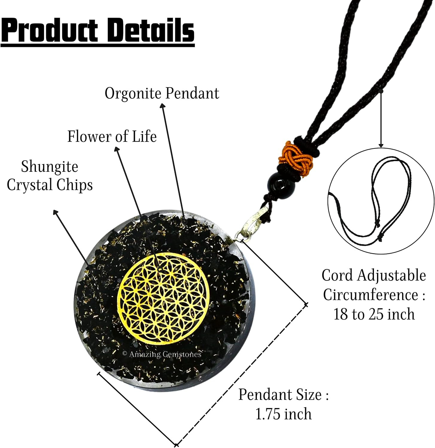 Shungite Round Orgonite Pendant Necklace for Protection – Powerful Orgone Pendan