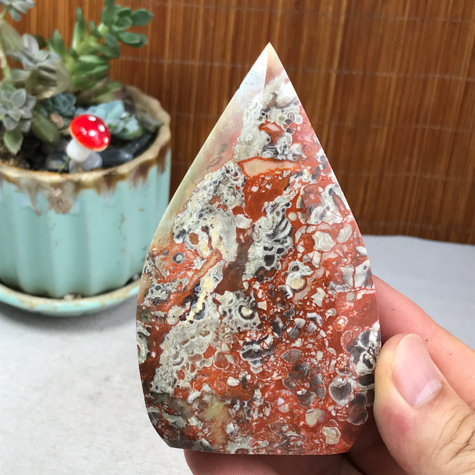 Natural money Mexico agate hand carve leaf Crystal Specimen free standing A6262
