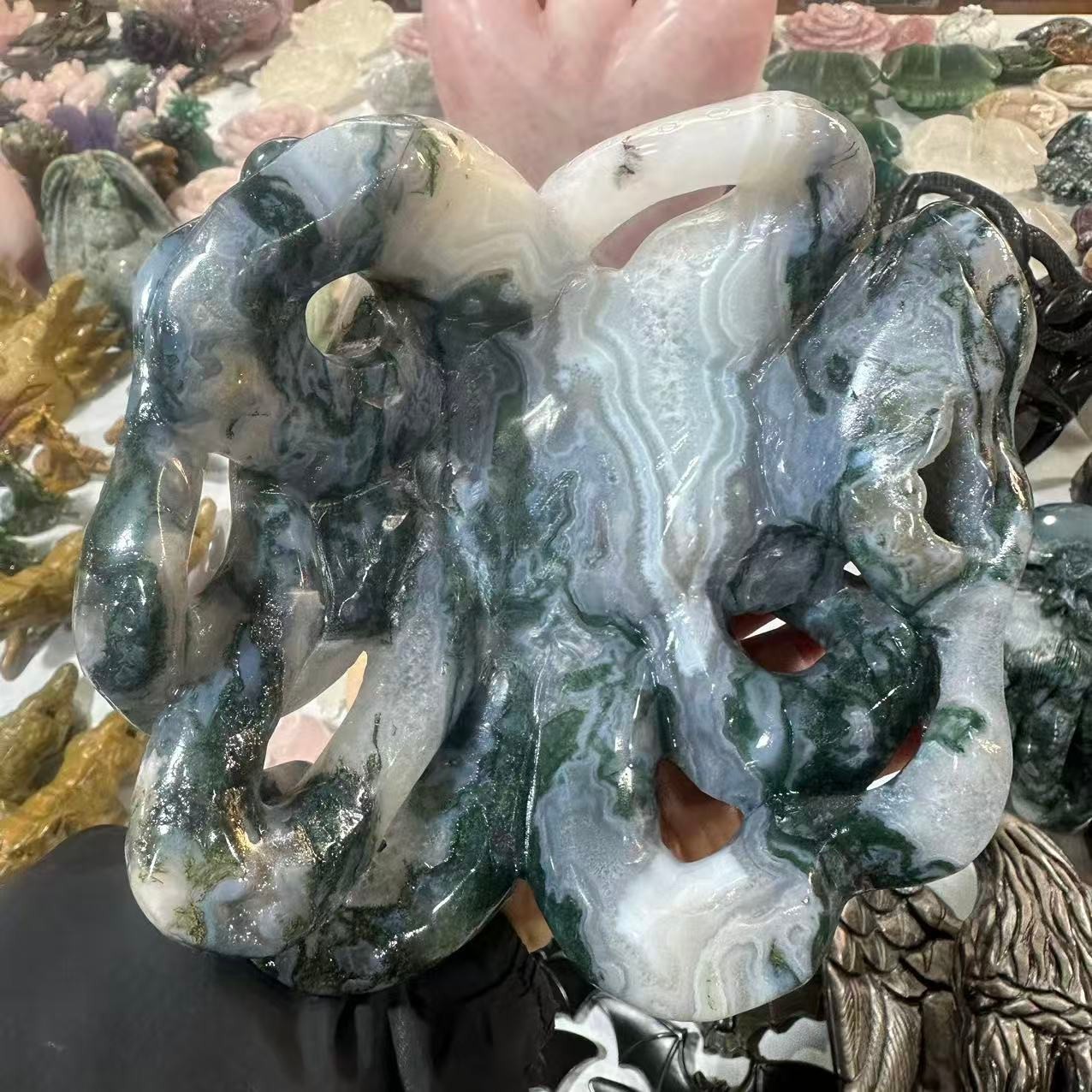 4.33LB Natural Moss Agate Quartz Carved Octopus Skull Crystal Healing Decor
