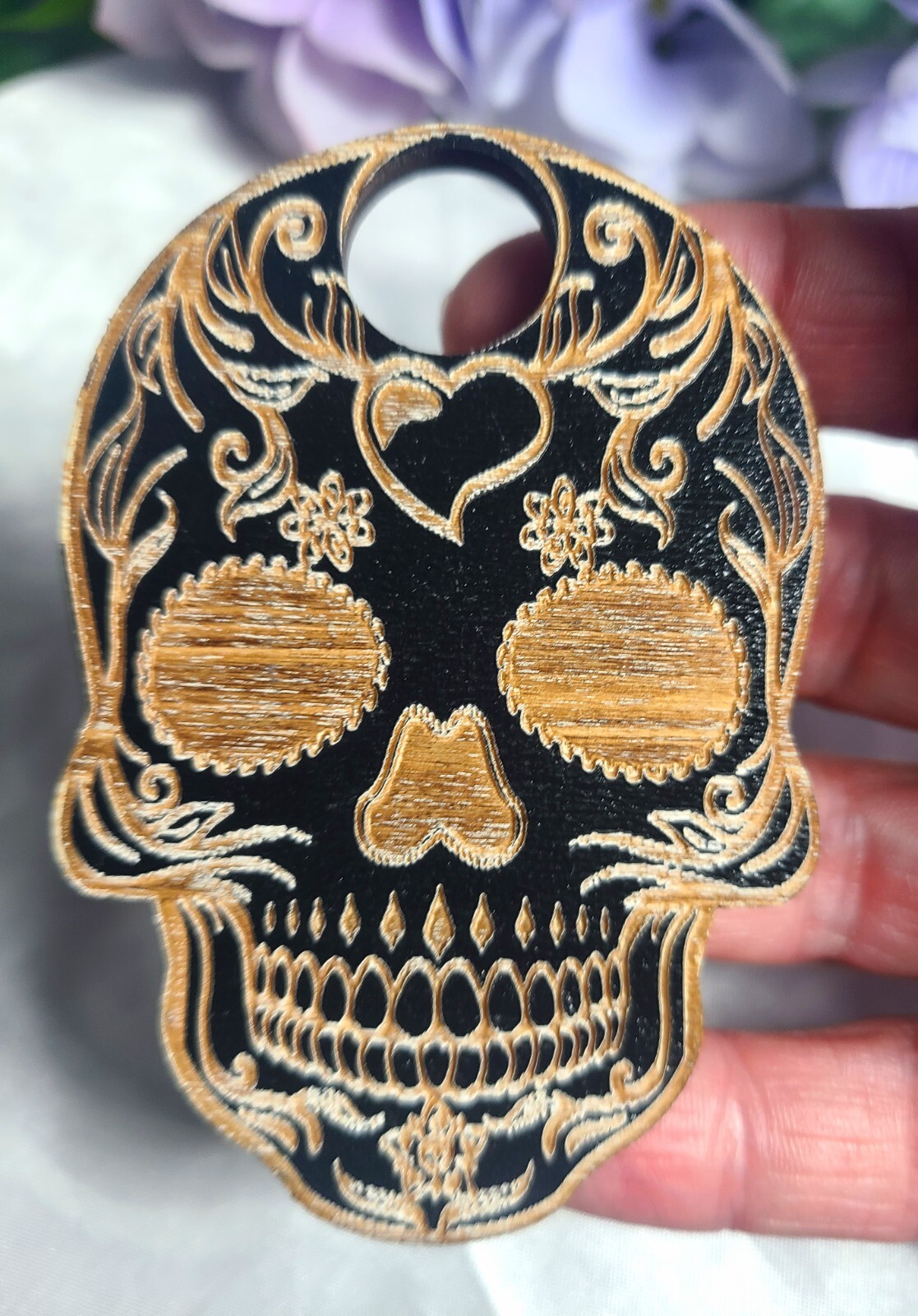 3.3″ Sugar Skull & Heart Shape Wood Sphere Stand Crystal Ball Holder