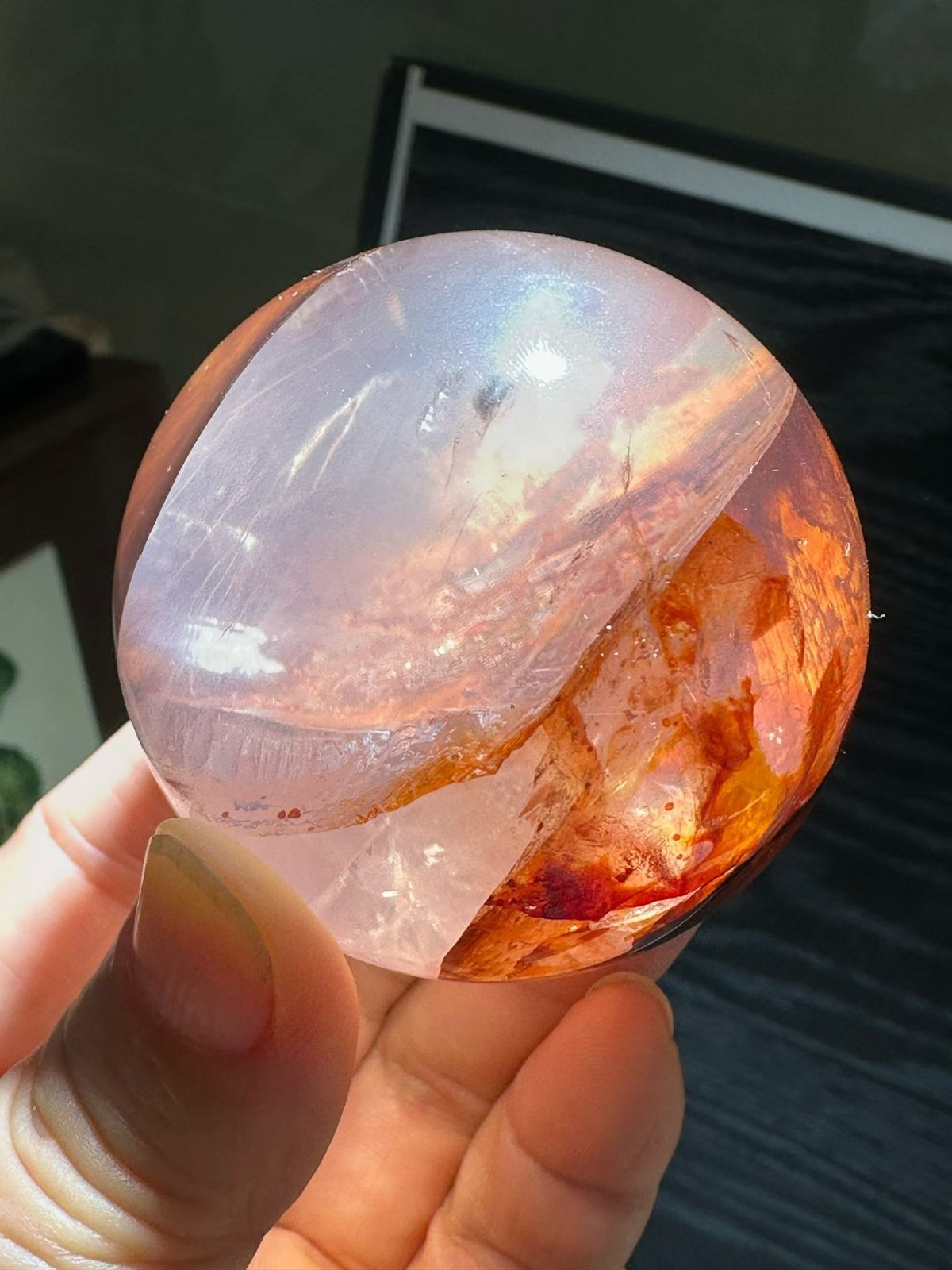57mm Natural Red glue flower Quartz Sphere Energy Crystal Ball Reiki Decor