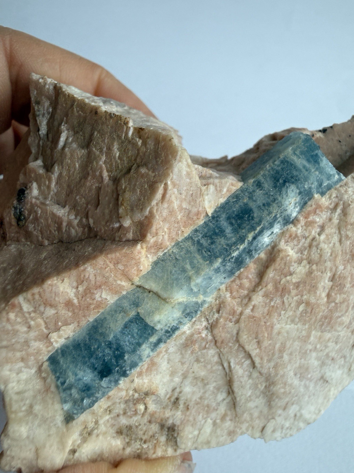 Natural Aquamarine Crystal in Pink Feldspar Matrix Rough Mineral Specimen