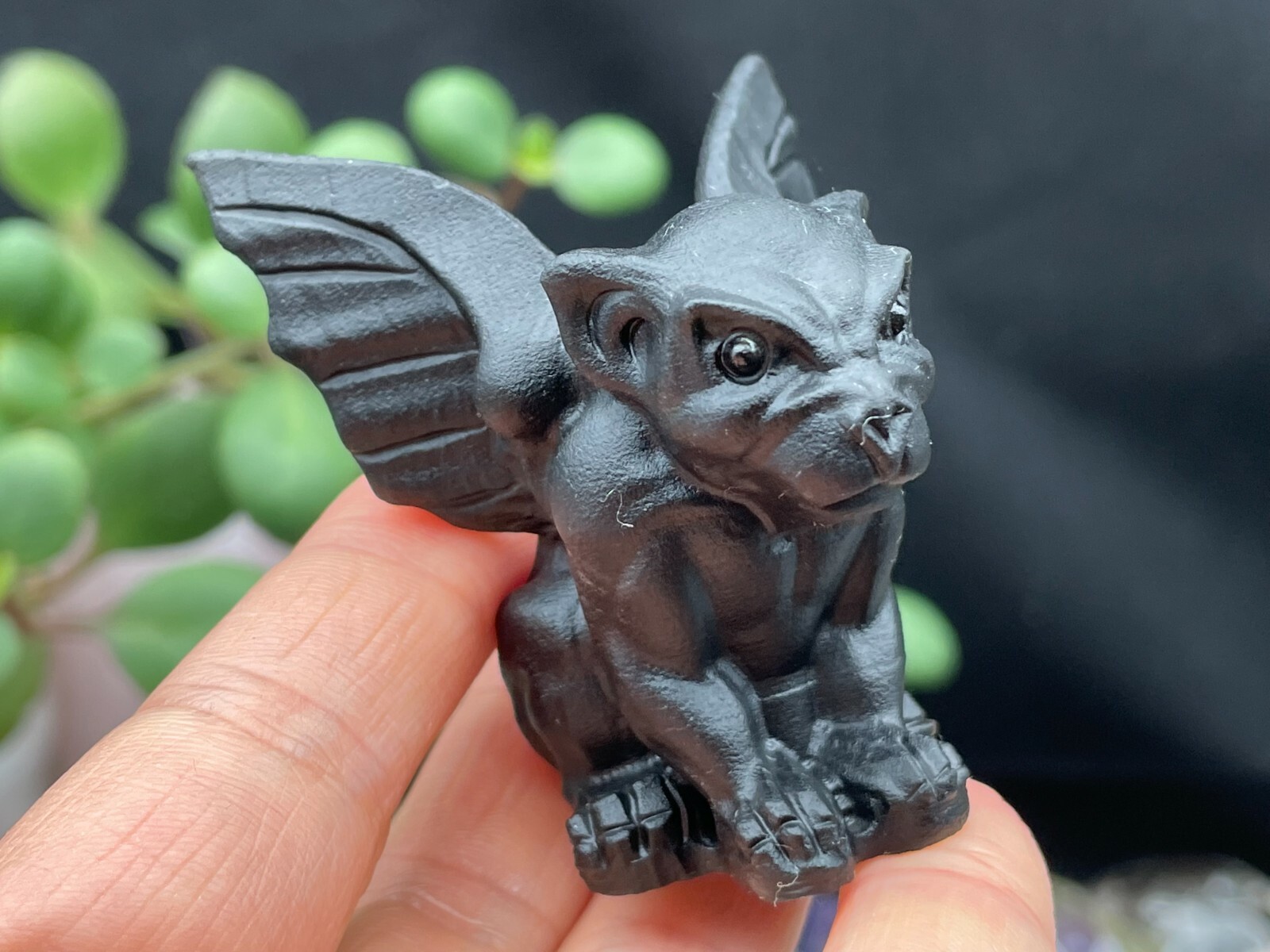Natural Obsidian Crystal Gargoyle Hand Carved Housewarming Gift D110351
