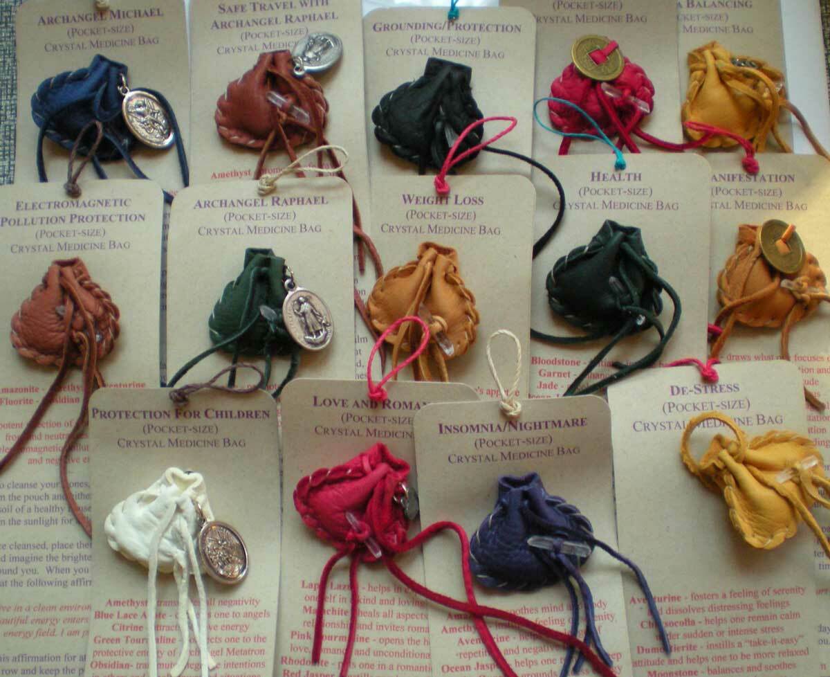 Leather Pocket-size Crystal Medicine Bag with Stones