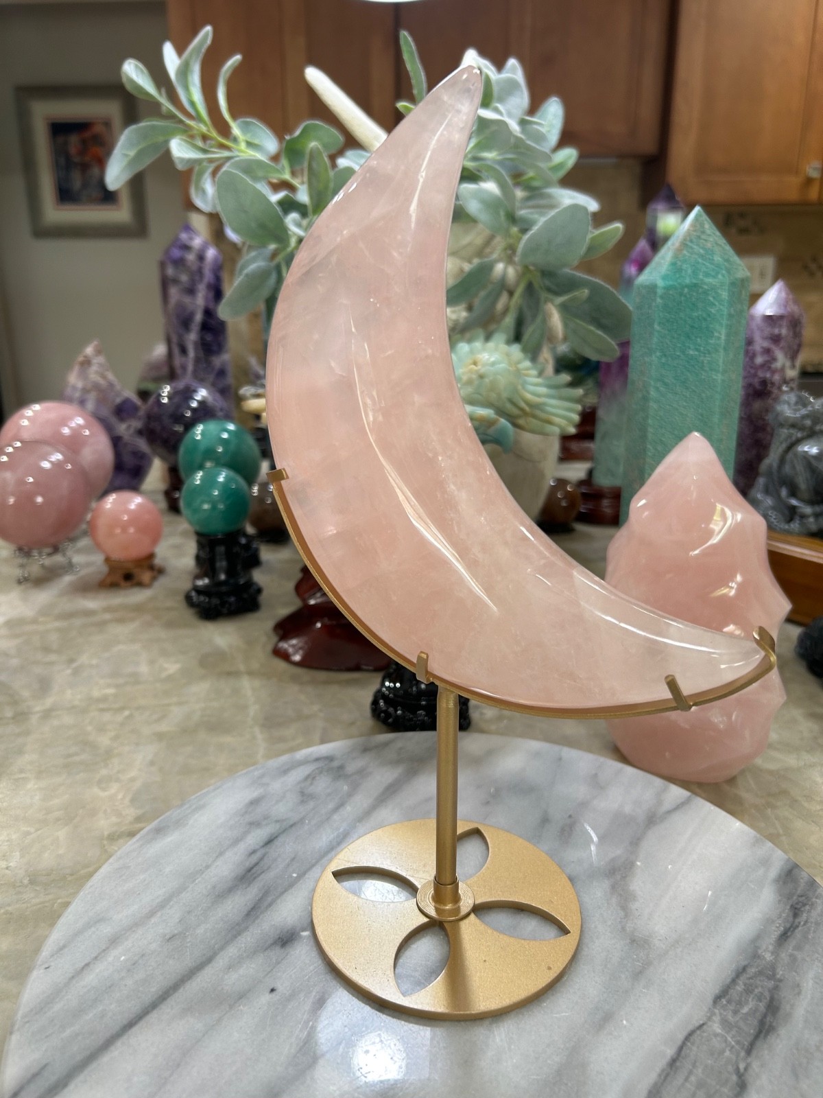 Rose Quartz moon on stand large 11” tall