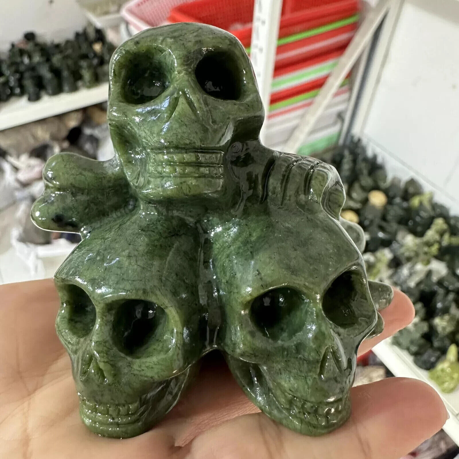 1pc Natural Green Jade Quartz hand-Carved Skull Crystal Reiki healing decor