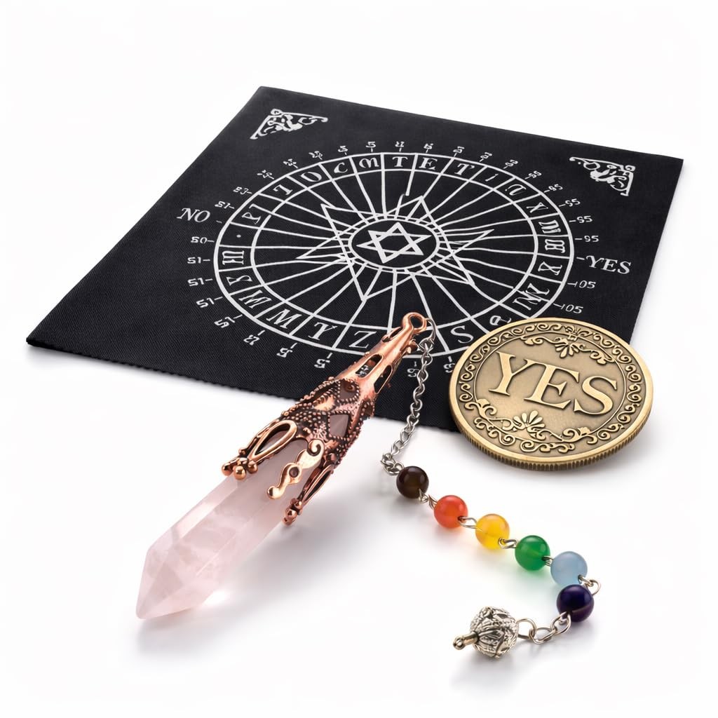 Metaphysical Pendulum Chart Mat with a Pendulum Necklace and Yes or NO Coin