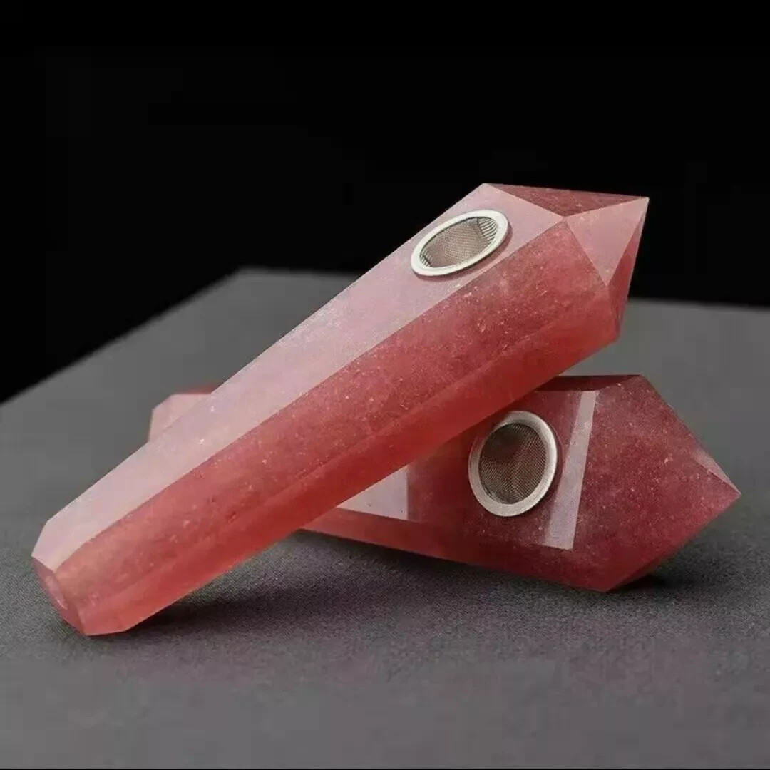 1PCNatural Strawberry Smoking Pipe Quartz Crystal Point Obelisk Wand Reiki Gem