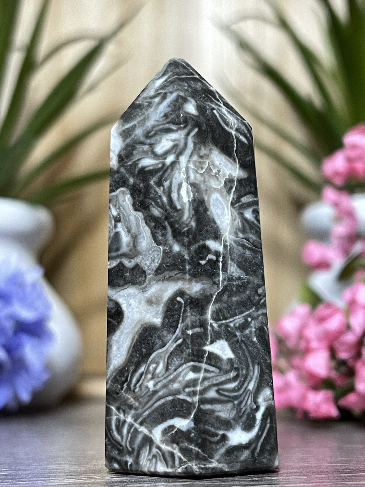 PICASSO JASPER TOWER – Mineral Stone Black Point Swirl Reiki Chakra Wiccan Decor