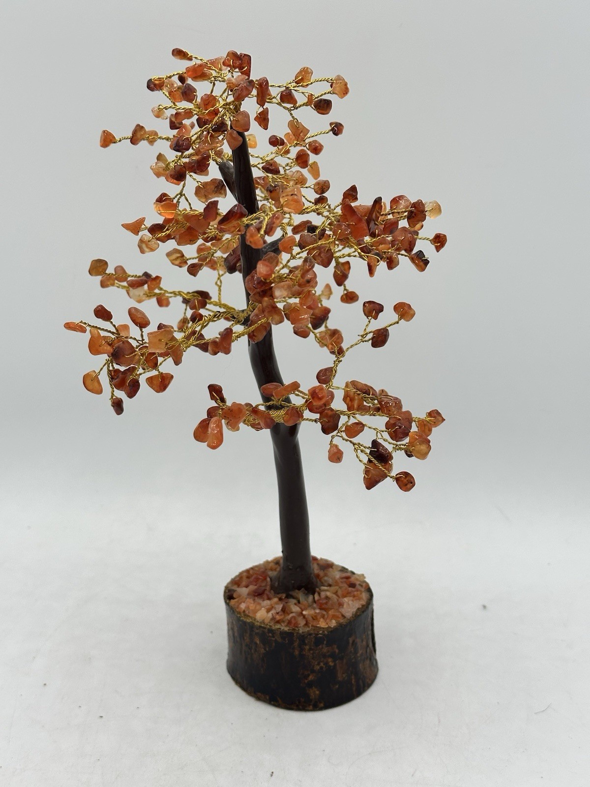 Handmade Orange Carnelian Crystal Gemstone Tree Wooden Base, Healing stone 9.5″