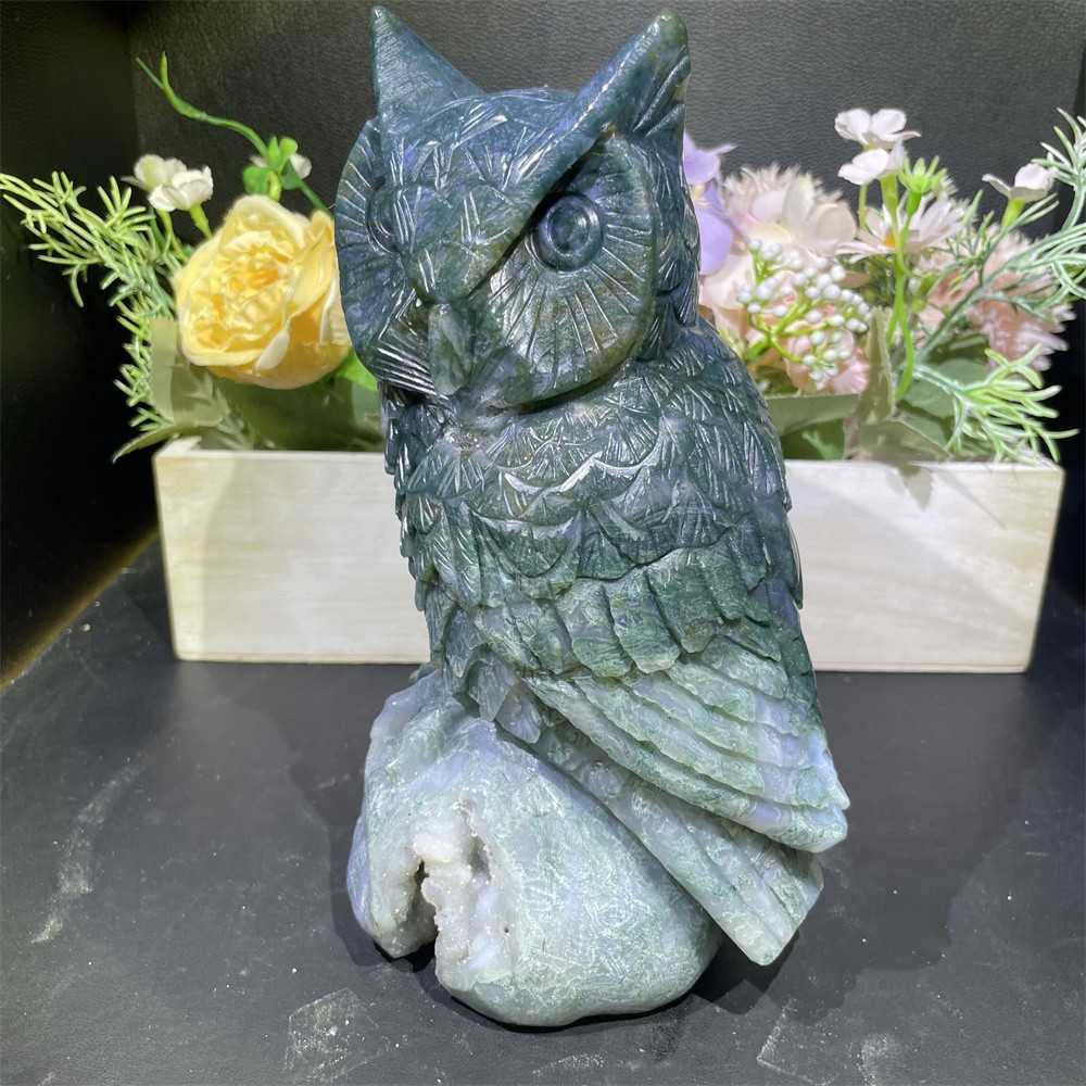 5.1LB 8″ Natural Moss Agate Owl Statue Crystal Reiki Carving Home Decor
