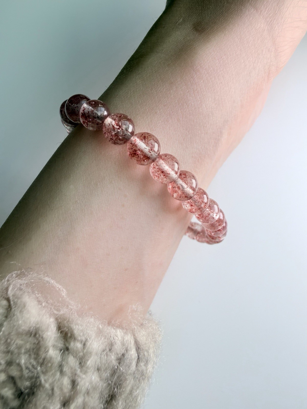 Natural Lepidocrocite in Clear Quartz Bracelet Pink Confetti Golden Strawberry