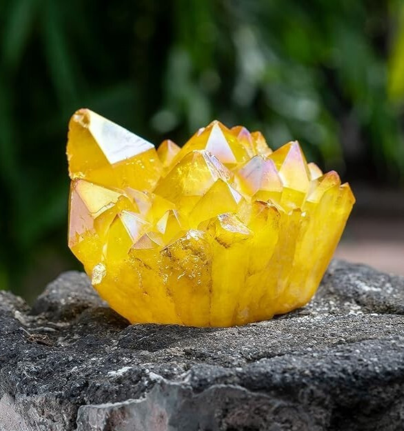 Aura Yellow Crystal Druzy Citrine Titanium Quartz Point Cluster Geode Specimens