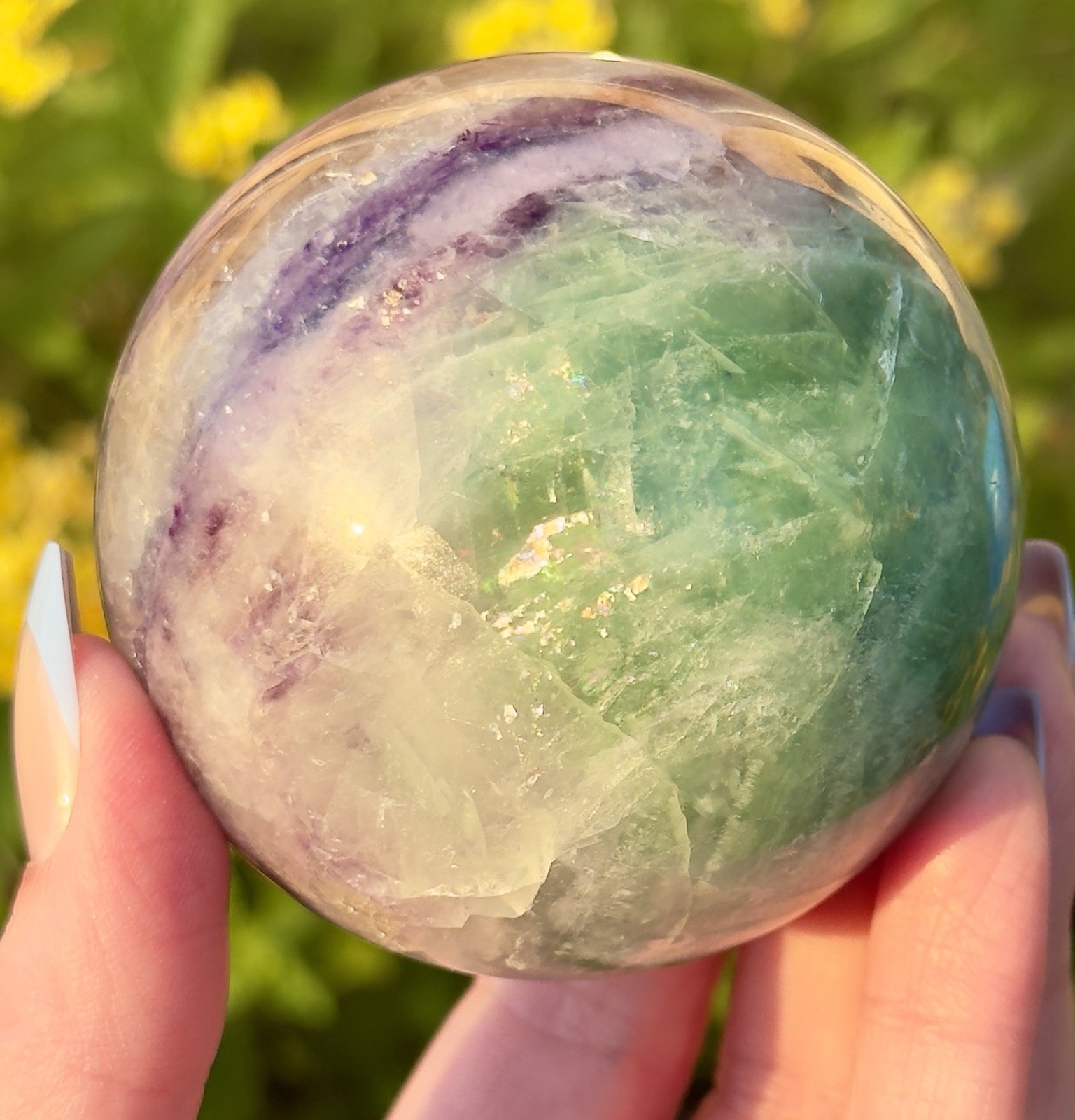 63mm Mint Green Purple Rainbow Fluorite Sphere With Mica Crystal Ball
