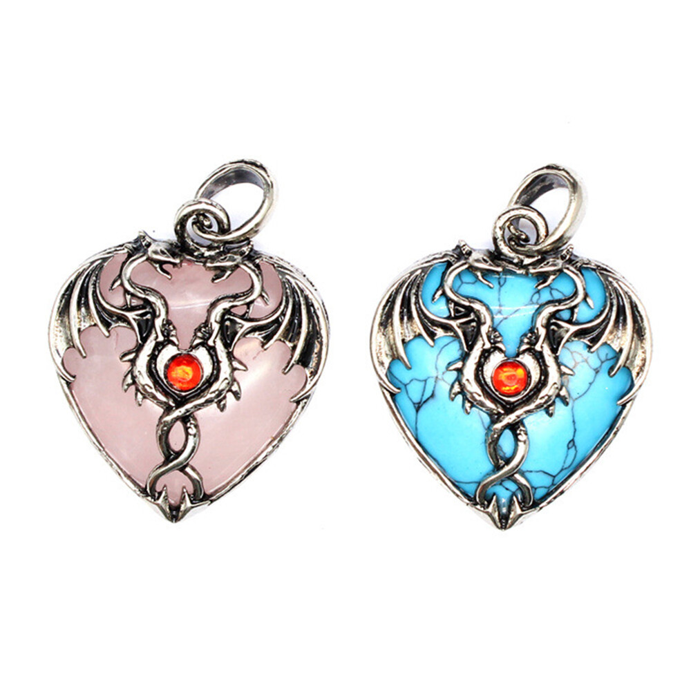 Heart Double Dragon Pendant Natural Crystal Chakra Quartz Skull Healing Reiki