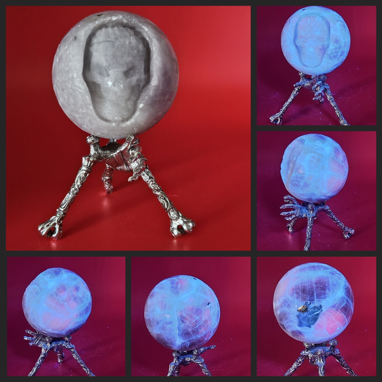 Natural Unknown Crystal Stone Carved Skull Sphere Quartz Crystal with UV 276G