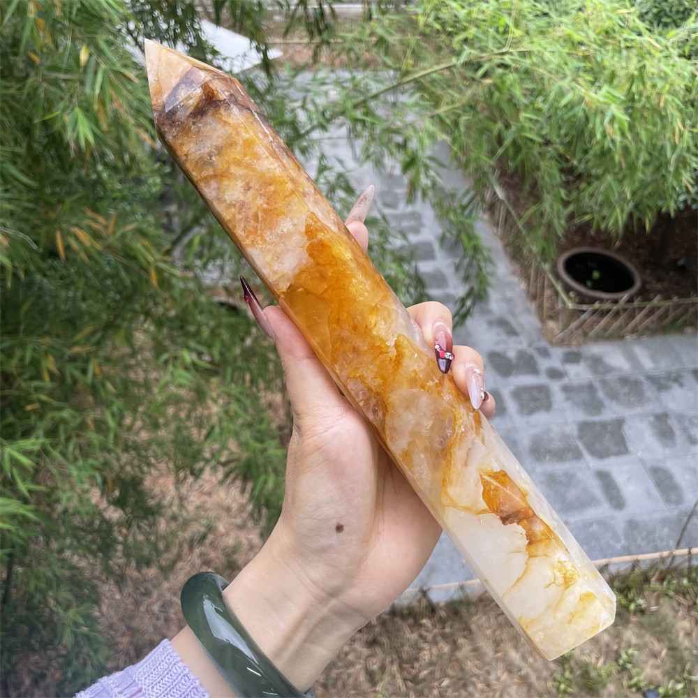 2.2LB 12″ Natural Golden Healer Obelisk Quartz Crystal Tower Reiki Point