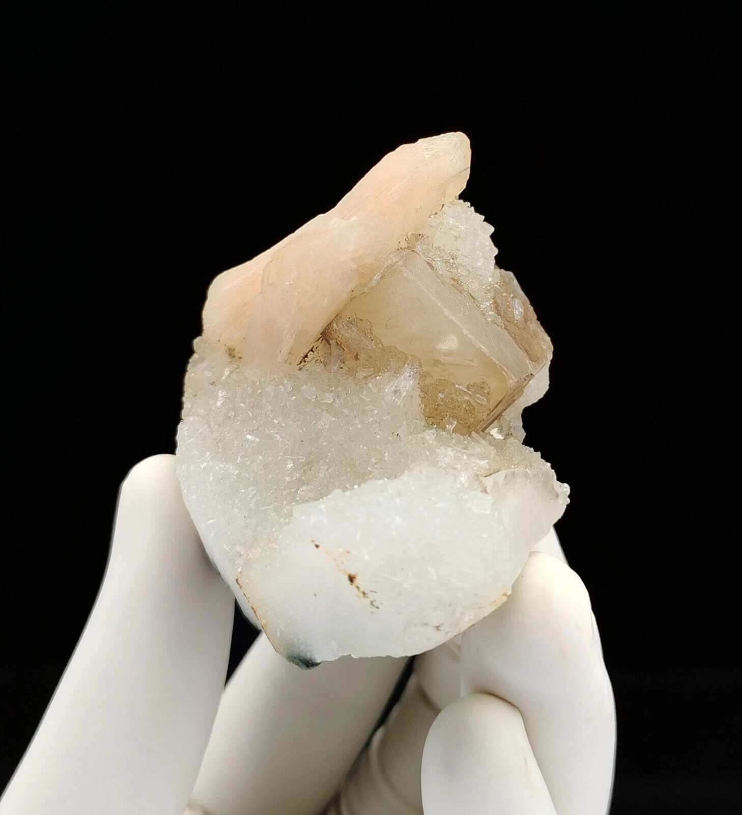 Natural Brown Calcite Crystal with Pink Stilbite On Chalcedony Minerals