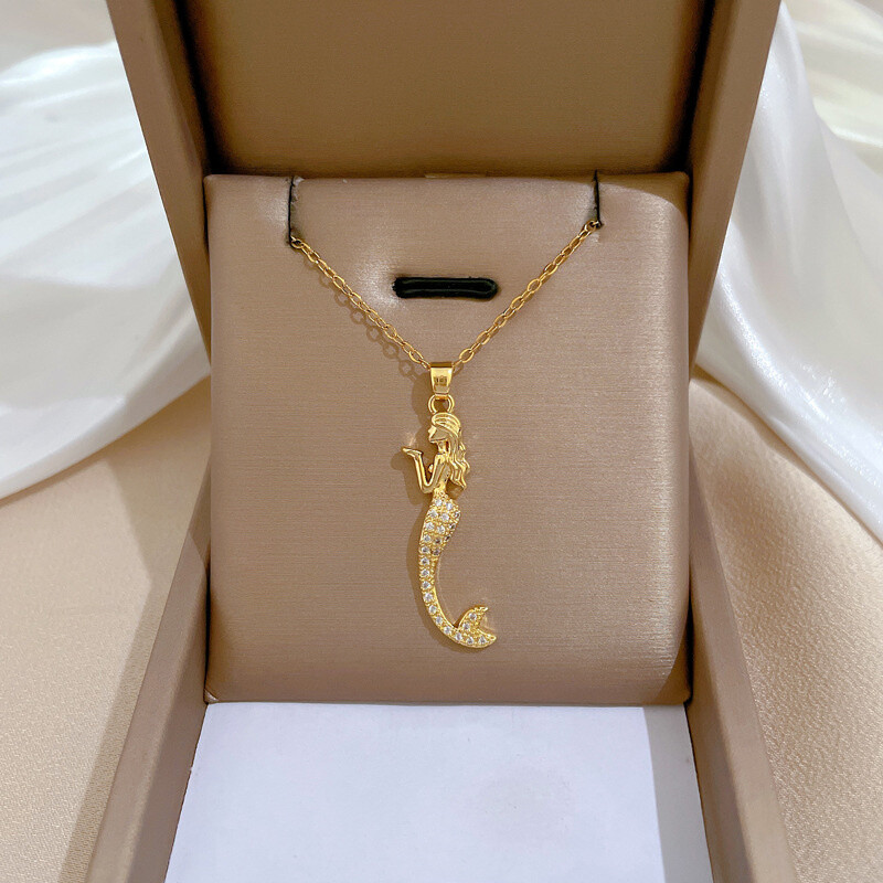 Women’s Fashion Jewelry Zircon Gold Mermaid Pendant Temperament Necklace 1PC