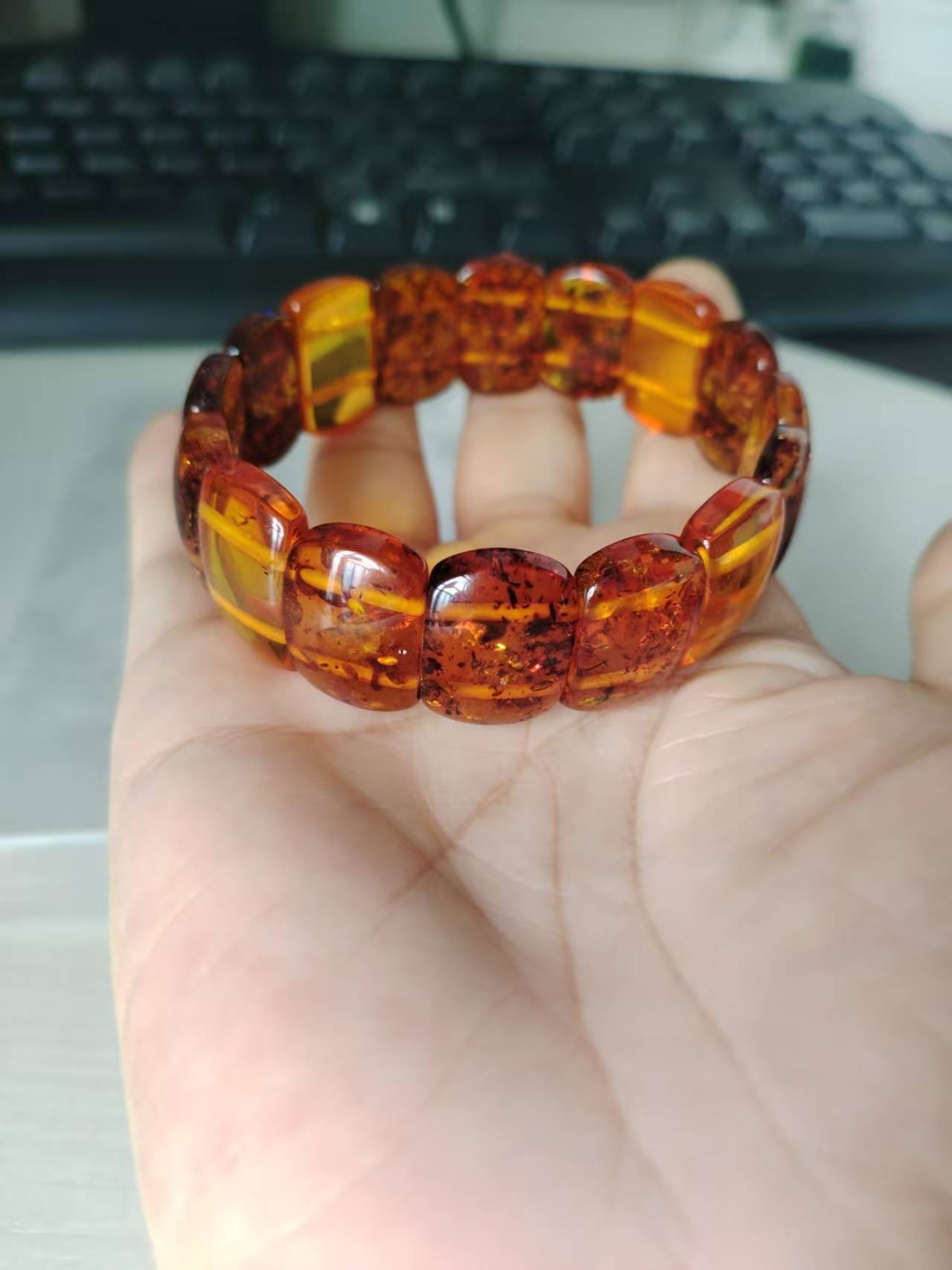 Genuine Natural Piebald Amber Gemstone Rectangle Crystal Beads Bracelet AAAA