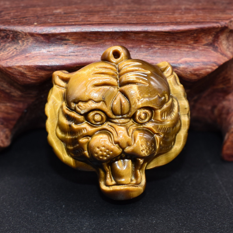 Natural Tiger’s-Eye Stone Crystal Carved Tiger Head Healing Gemstone Pendant