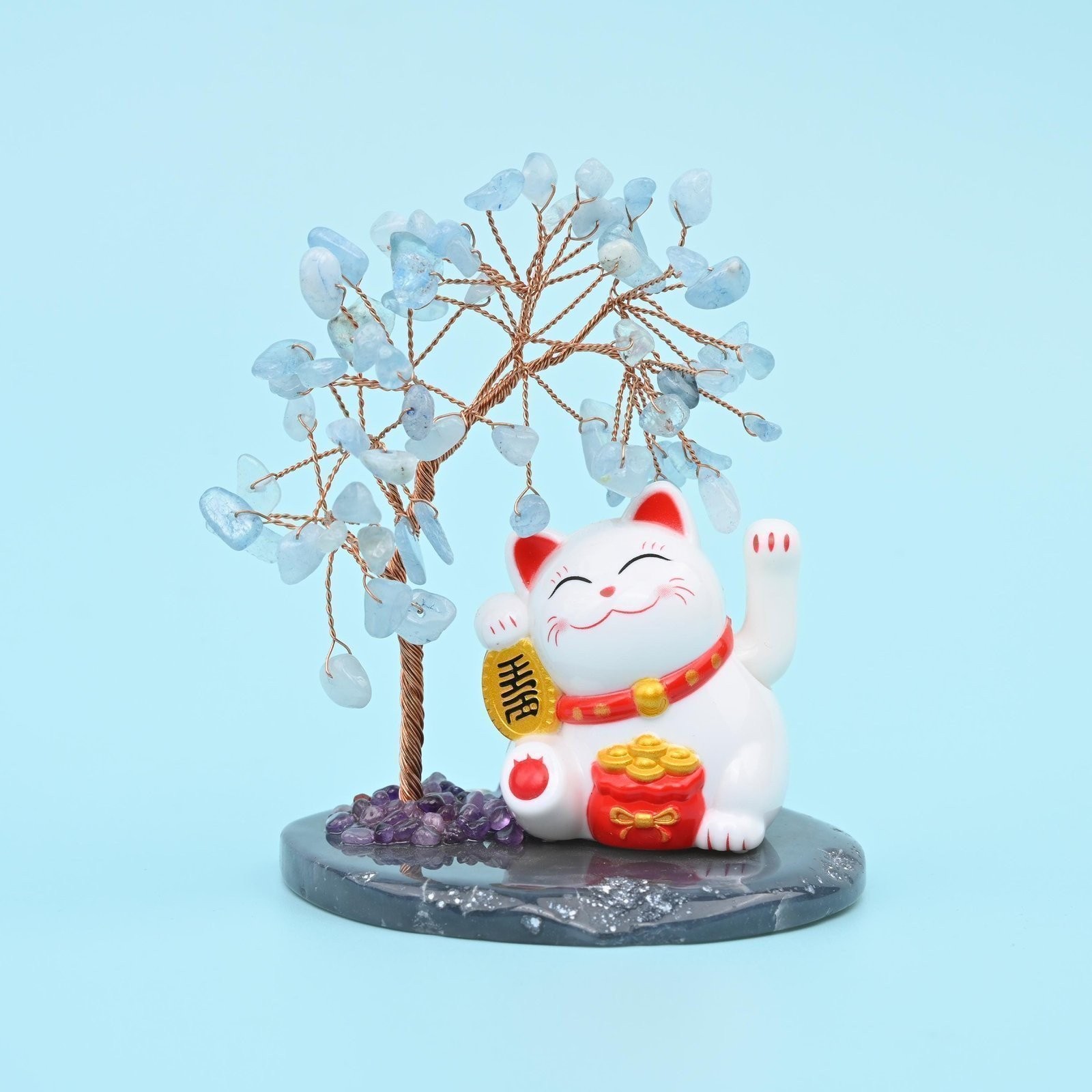4 Inches Fortune Lucky Cat Gemstone Tree of Life