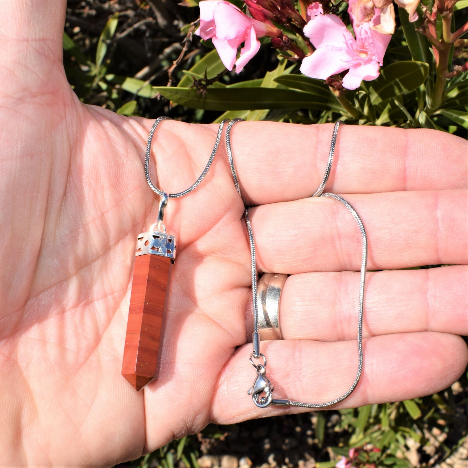 Charged Red Brecciated Jasper Pencil Point Pendant + 20″ Stainless Steel Chain