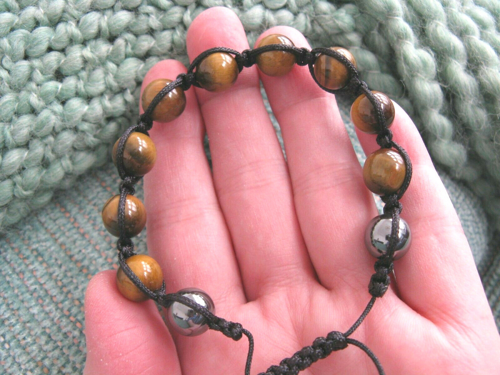 NEW NATURAL GOLDEN TIGER EYE CRYSTAL CUFF WOVEN BRACELET W/ HEMATITE–MEN’S–9″